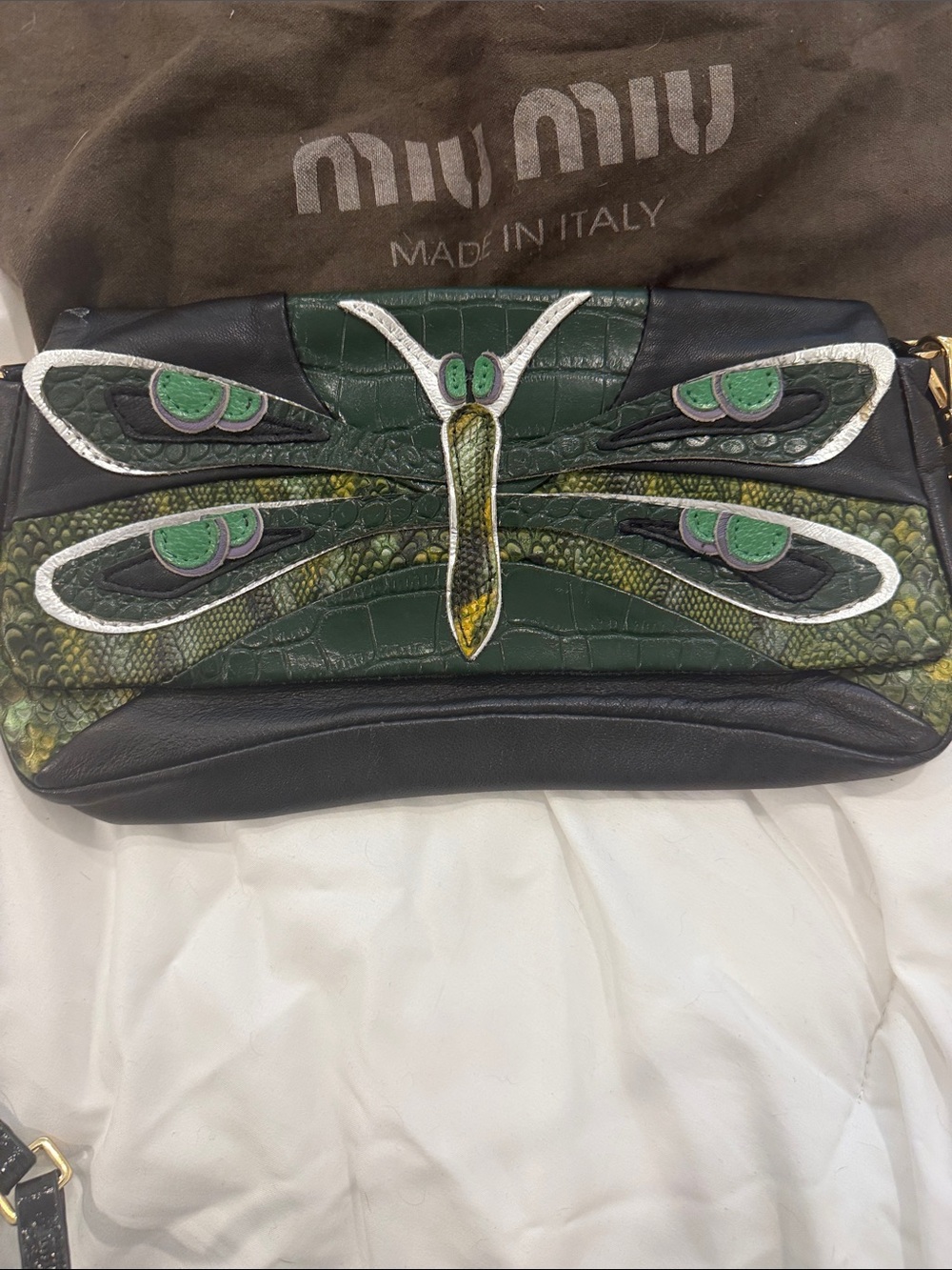 Miu Miu Green and Black Dragonfly Appliqué Leather Crossbody/Clutch - Picture 11 of 13